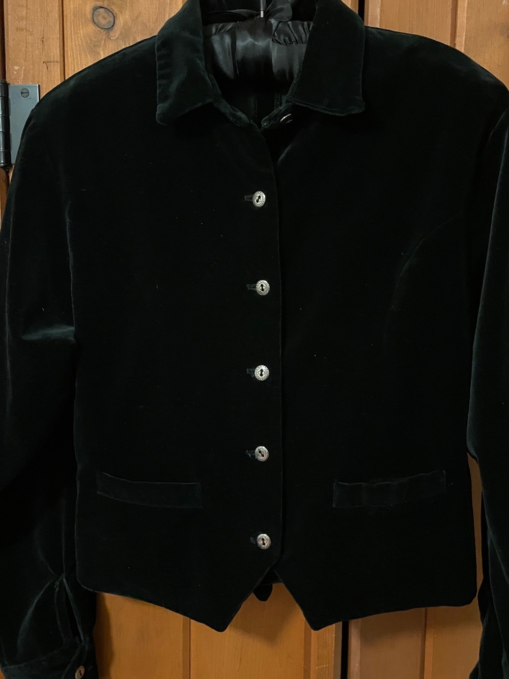 Vintage 90s Bushwacker Black Velvet Cropped Fitted Jacket Silver Buttons M